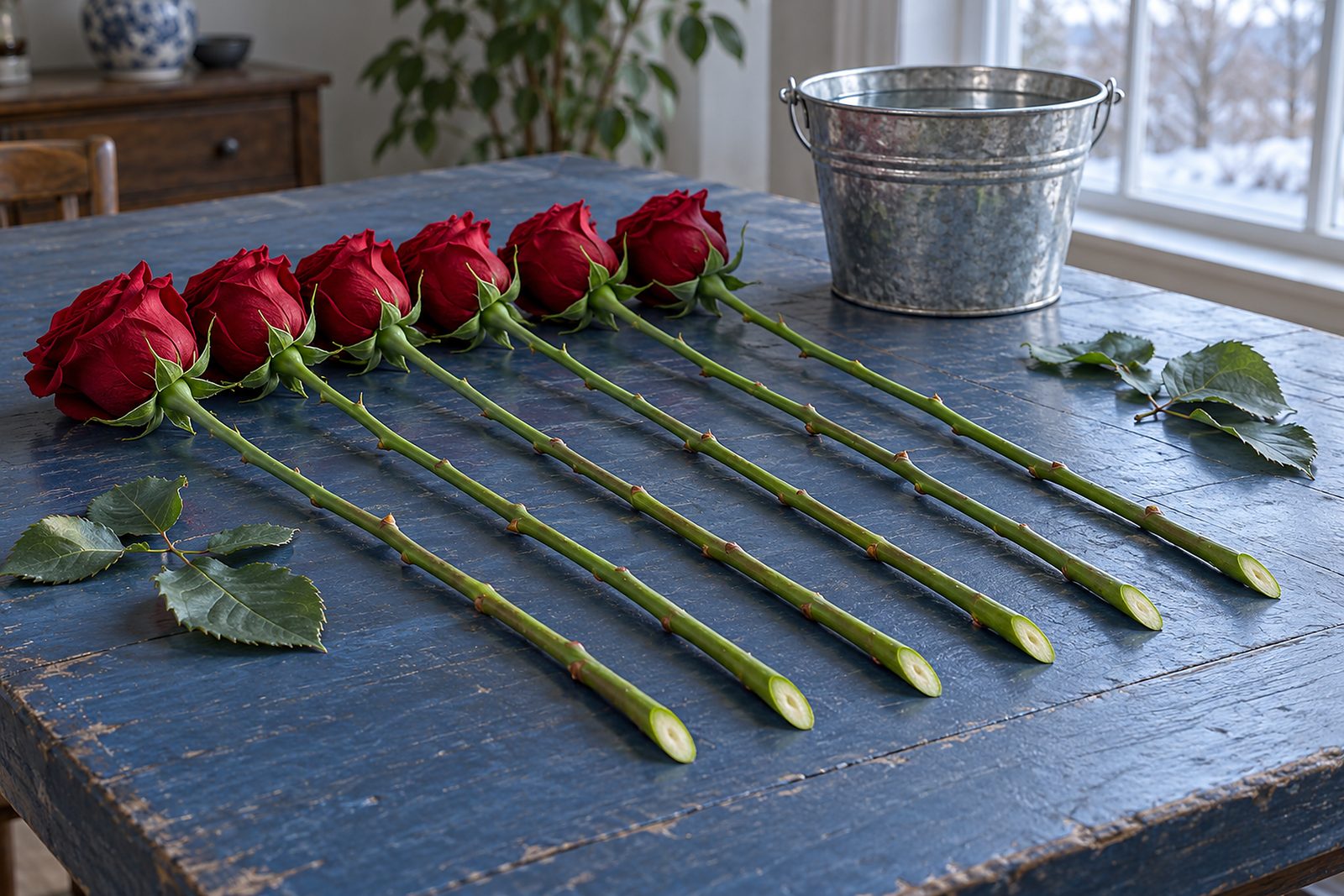 Sechs langstielige rote Rosen mit frisch schräg angeschnittenen Stielen auf einem blauen Tisch, dahinter ein Zinkeimer mit Wasser