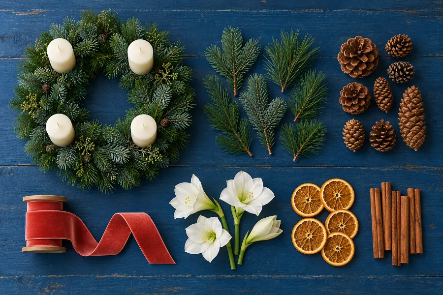 Advent von oben: Adventskranz aus Tanne mit Kerzen, Zapfen, Samtband, Amaryllis, Orangenscheiben und Zimt