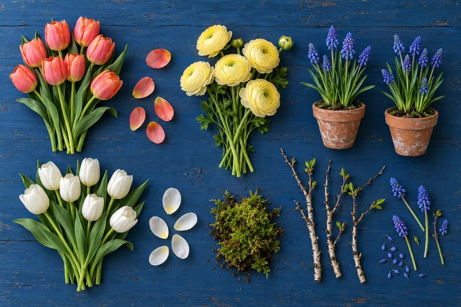 Frühling von oben: Tulpen, Ranunkeln, Traubenhyazinthen im Tontopf, Moos und Birkenzweige