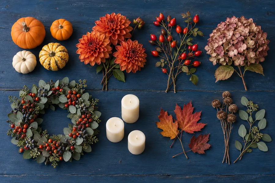 Herbst von oben: Zierkürbisse, Dahlien, Hagebutten, Hortensien, Kranz und Kerzen auf dem blauen Tisch