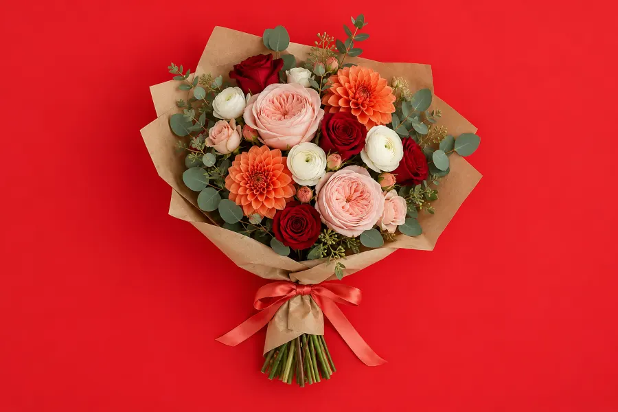 Ein fertiger Strauß aus Rosen, Ranunkeln, Dahlien und Eukalyptus in Packpapier mit rotem Band, von oben